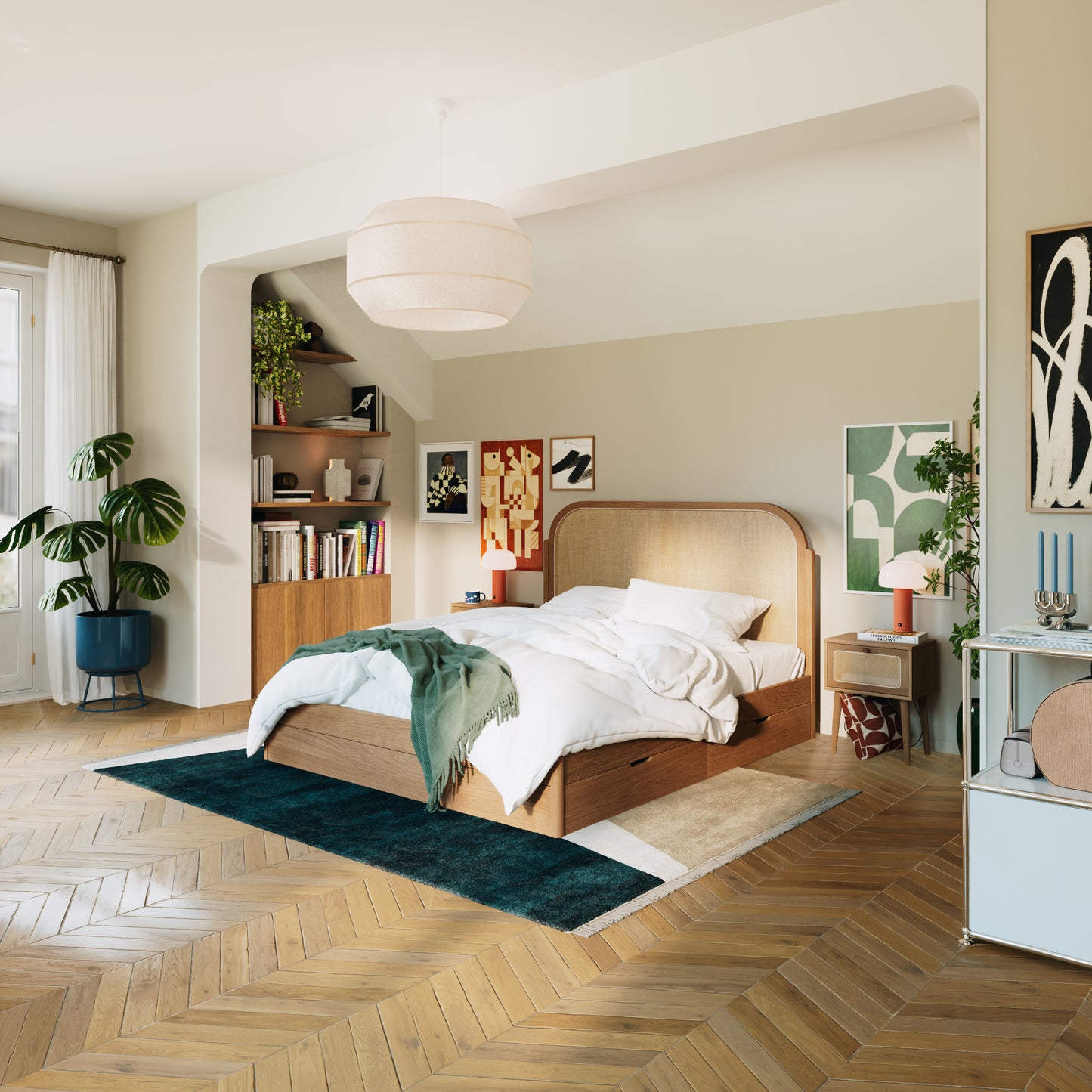 Tête de lit rotin tressé|Avec tiroirs