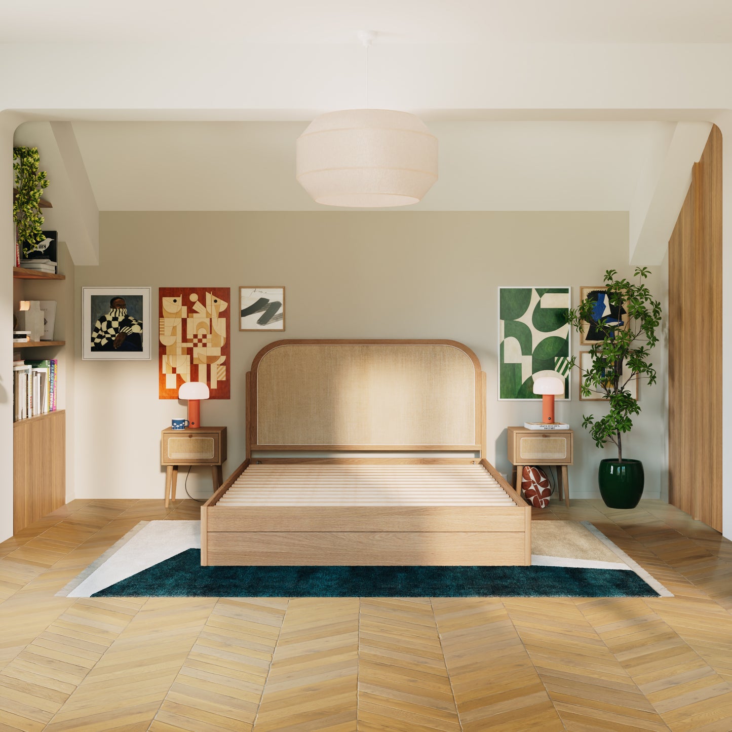 Tête de lit rotin tressé|Avec tiroirs