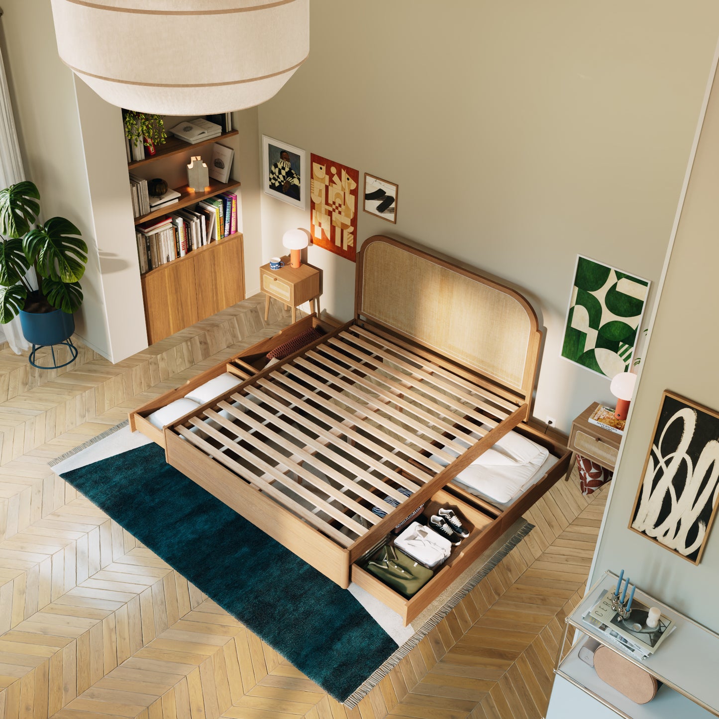 Tête de lit rotin tressé|Avec tiroirs