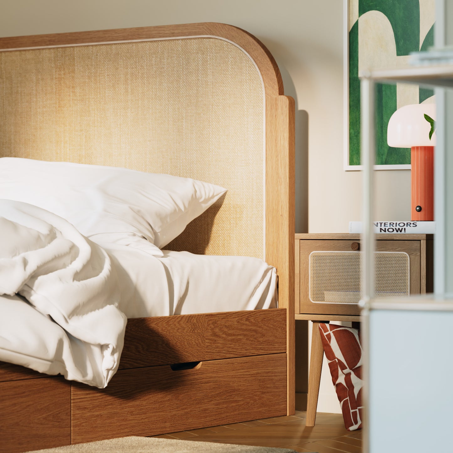 Tête de lit rotin tressé|Avec tiroirs